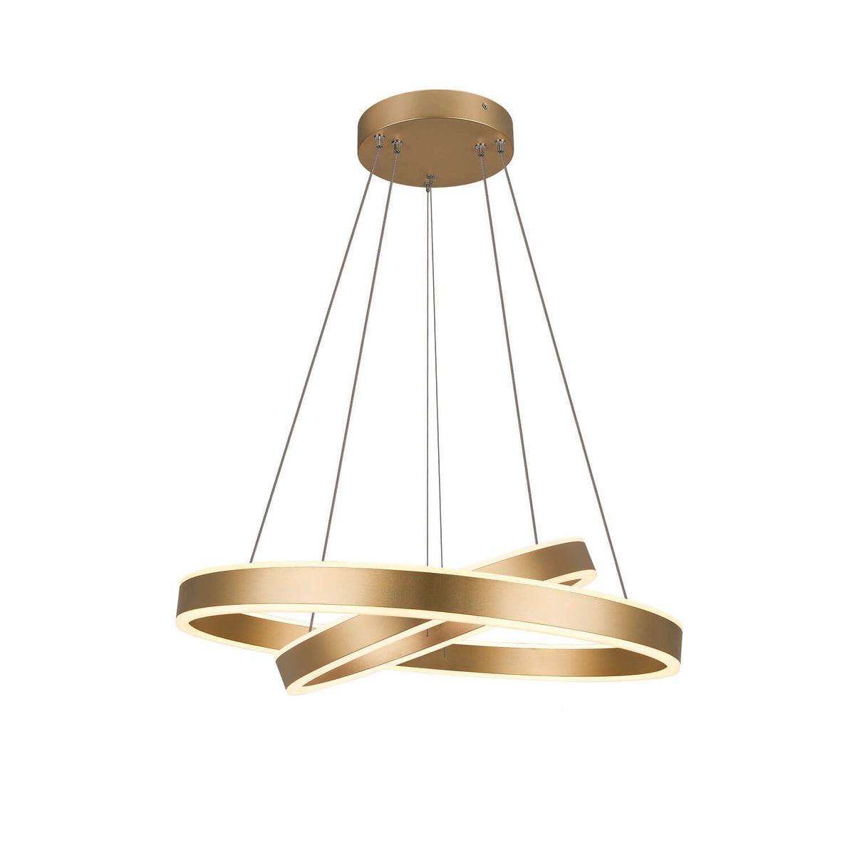 Deux anneaux croisés vus de dessus, suspension laiton allumée avec lumière chaude.