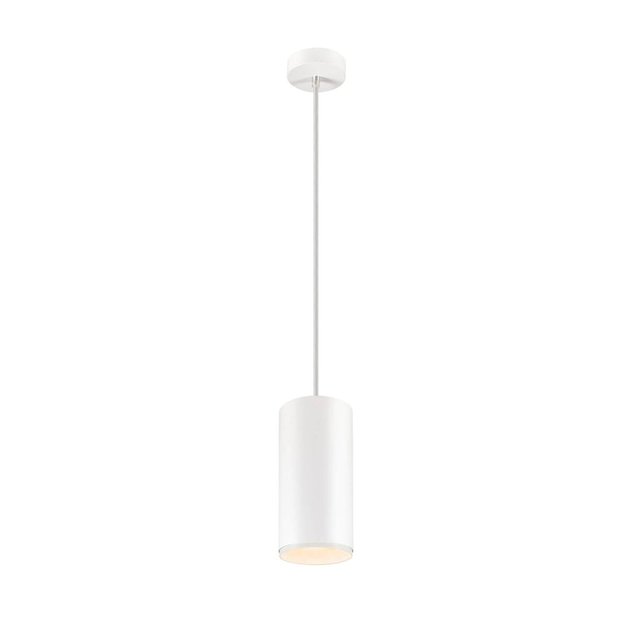 Suspension allumée en vue de face, diffusant une lumière chaude vers le bas.