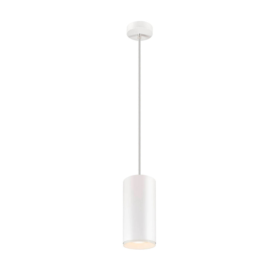 Vue légèrement différente du luminaire suspendu blanc, abat-jour cylindrique et diffuseur lumineux