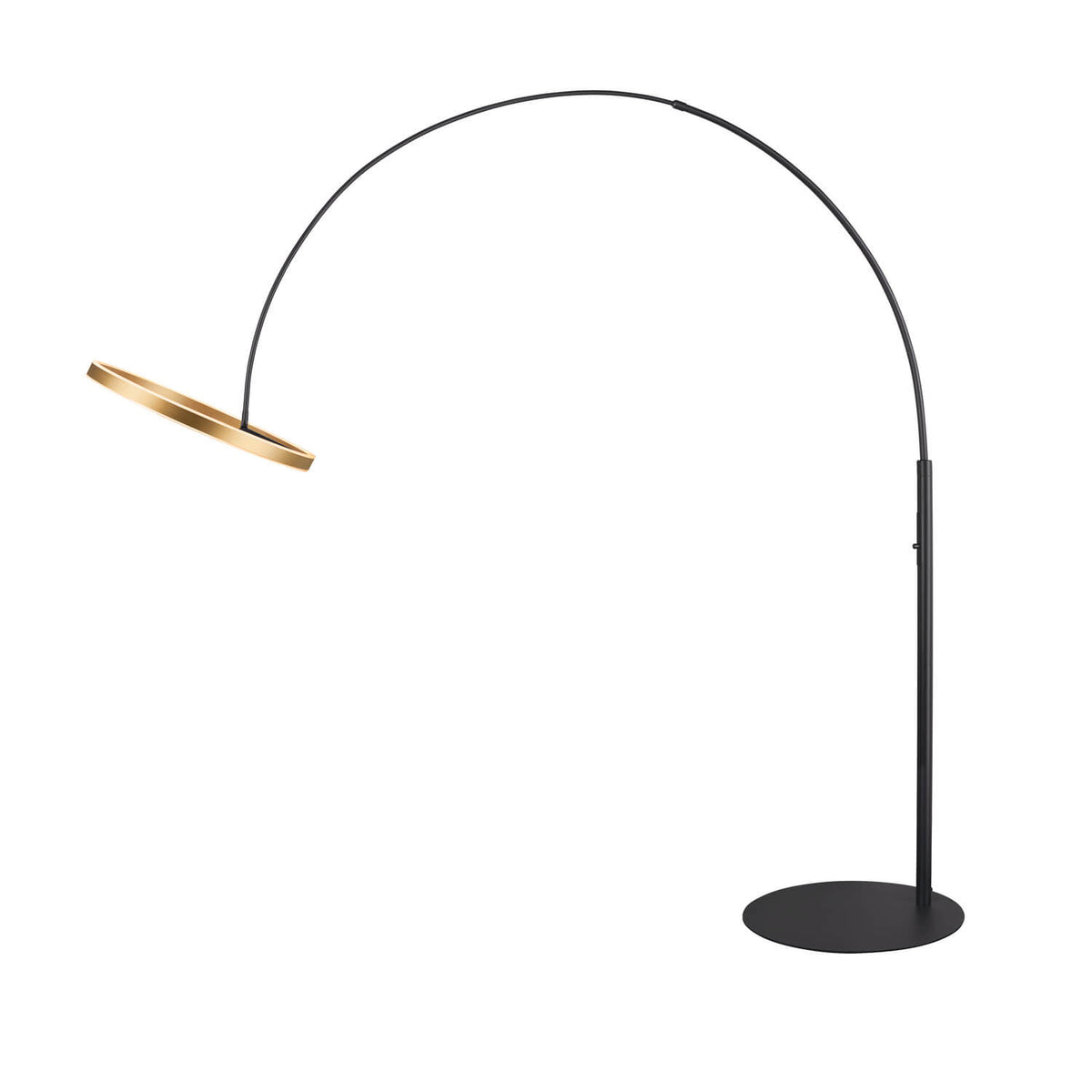 Lampadaire arc complet, anneau laiton suspendu au-dessus de la base noire