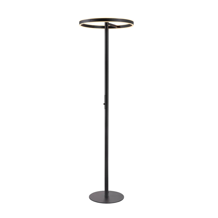Lampadaire noir sur fond blanc, anneau lumineux horizontal au sommet et base ronde.