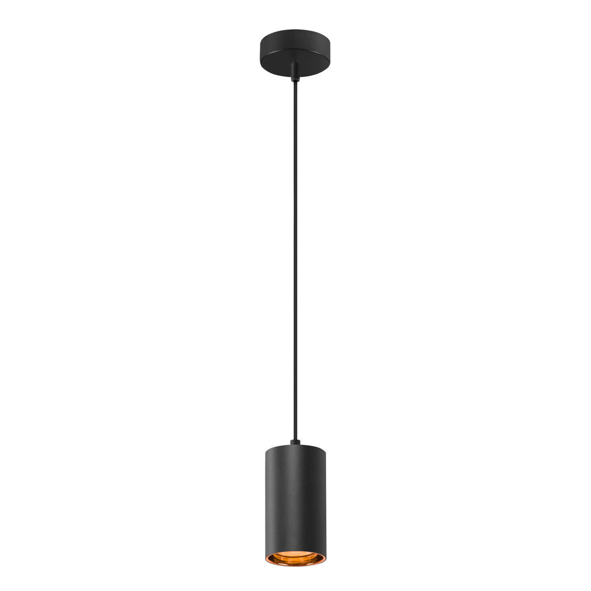 Détail de la suspension noire sur fond neutre, montrant le cylindre et la lumière chaude