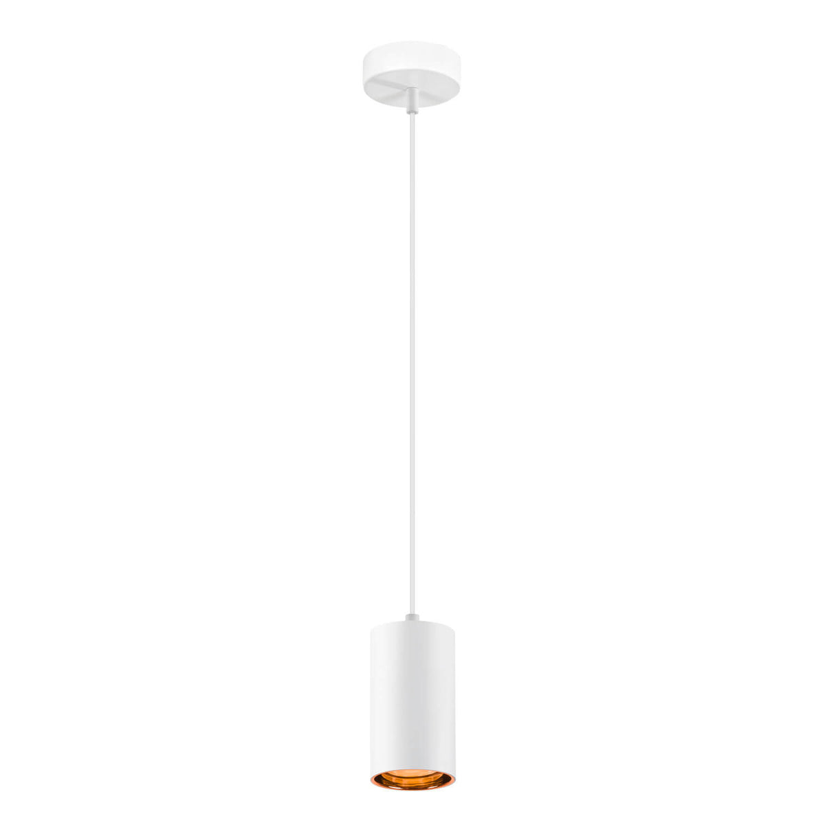 Vue produit du cylindre blanc suspendu, ouverture inférieure aux reflets ambrés.