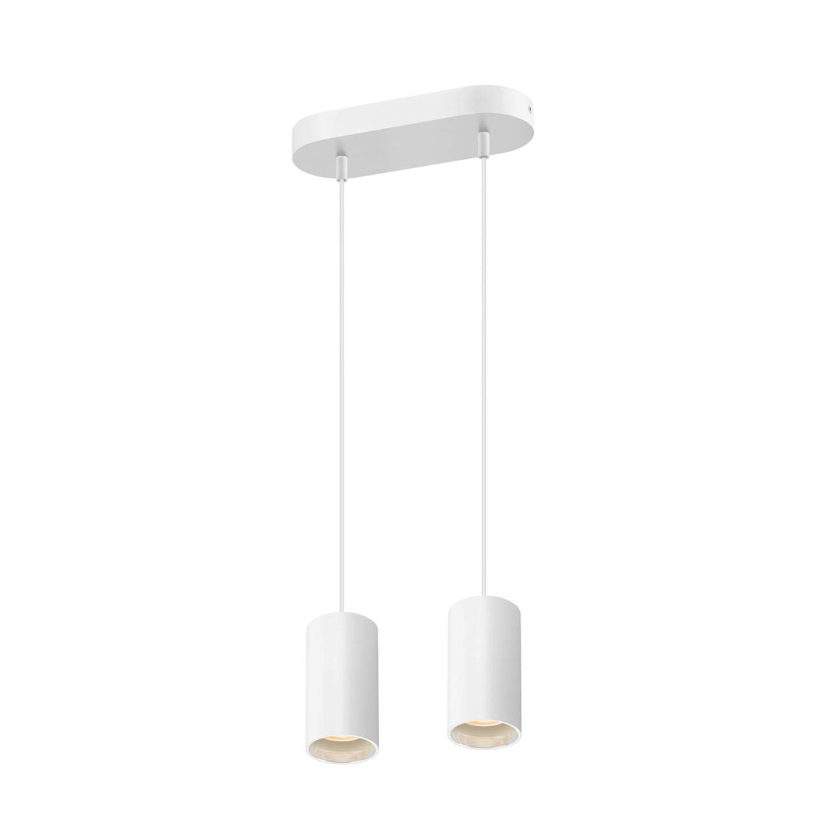 Vue en angle du luminaire blanc avec deux abat-jours cylindriques et câbles fins