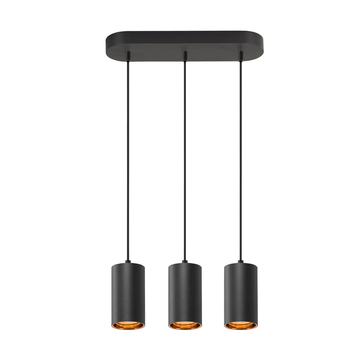 Vue d'ensemble du luminaire suspendu noir à trois sources cylindriques et câbles fins.