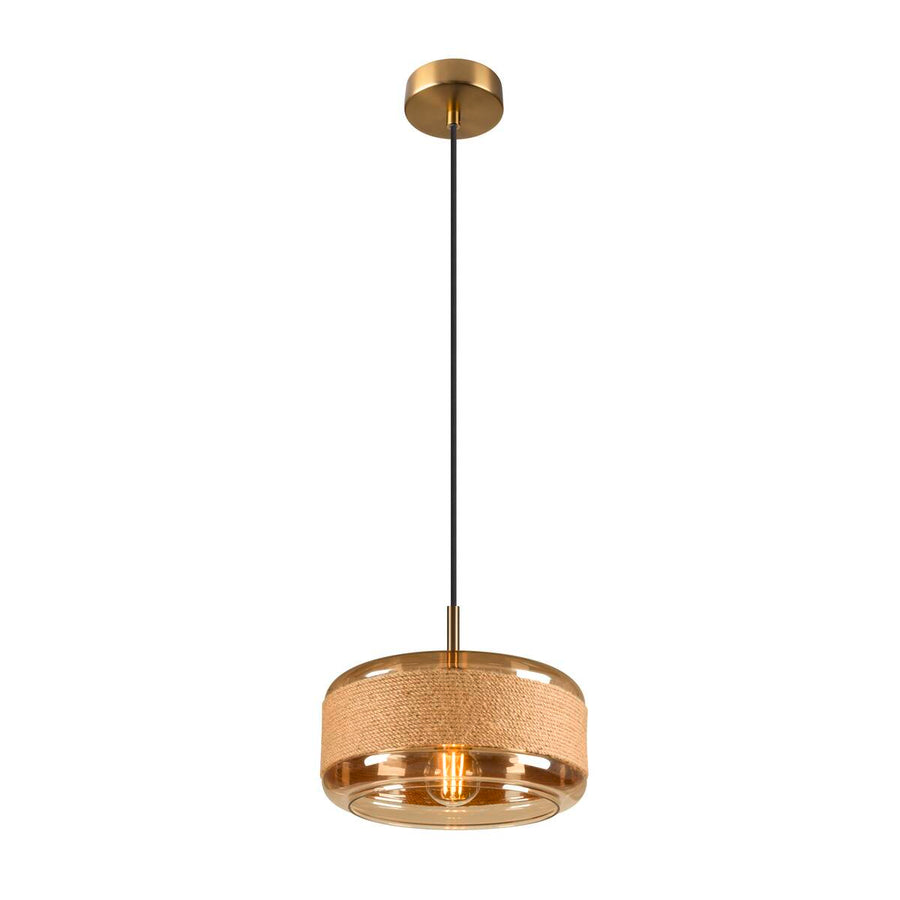 Vue de face du luminaire allumé, verre ambré transparent et ampoule visible sous la corde.