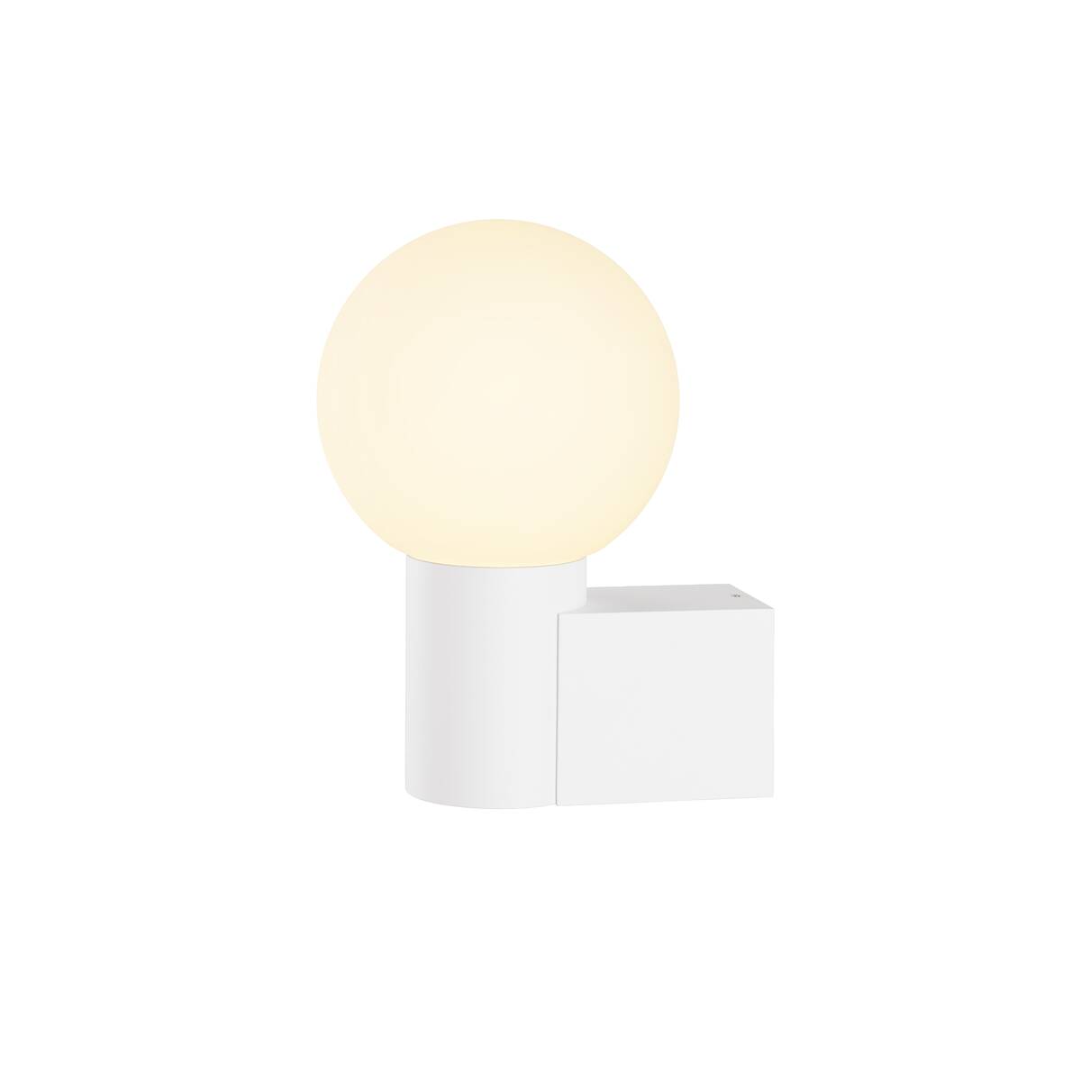 Vue de trois quarts de l'applique blanche avec globe et support géométrique