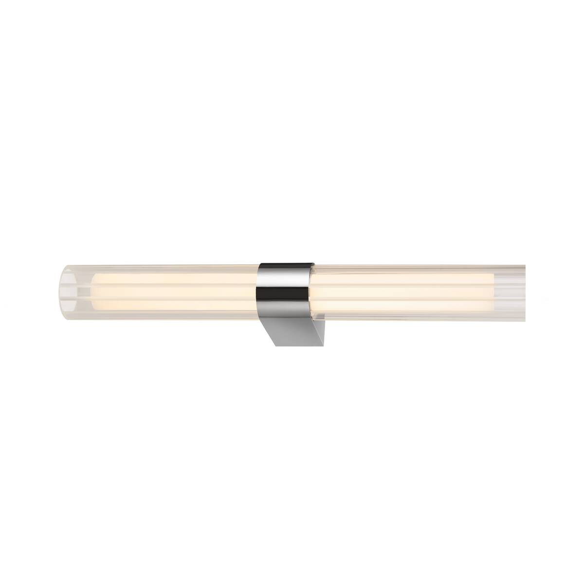Vue de profil du luminaire couché, cylindre transparent et attache chromée.