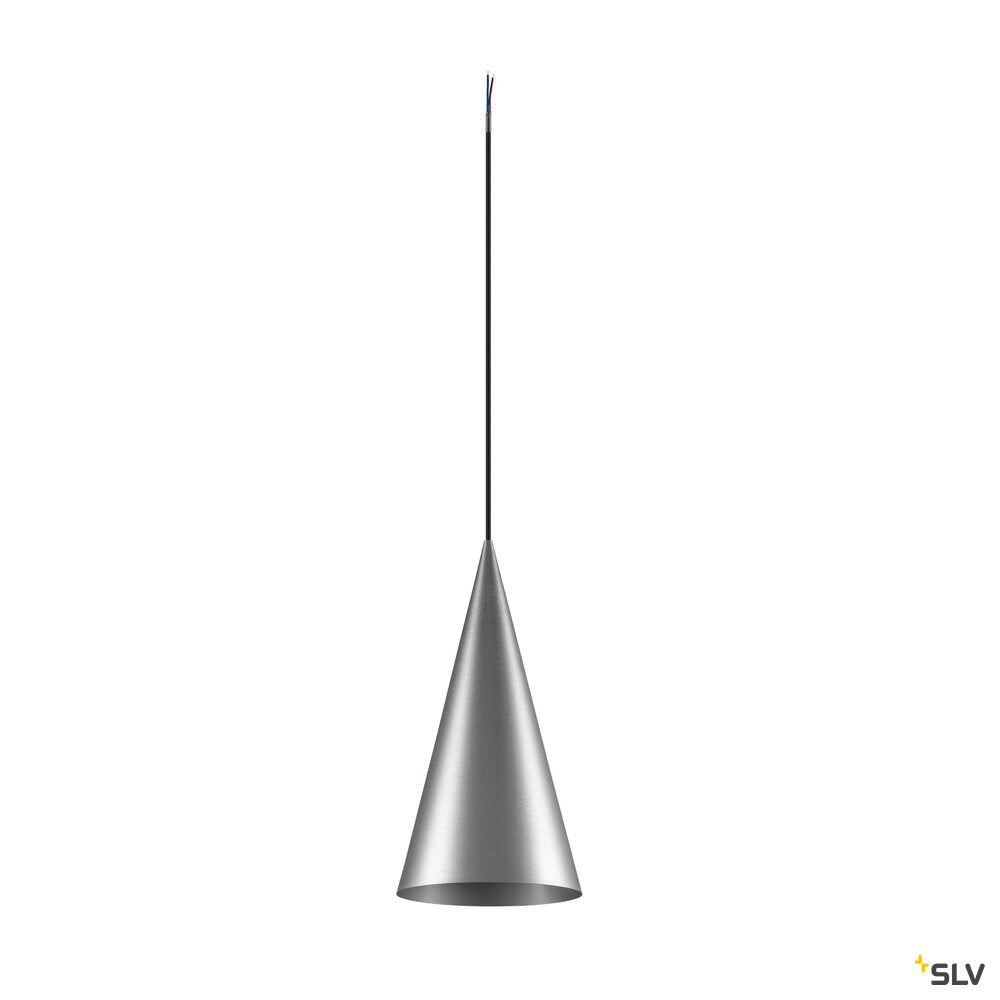 Silhouette effilée de la suspension conique en aluminium brossé, câble fin.