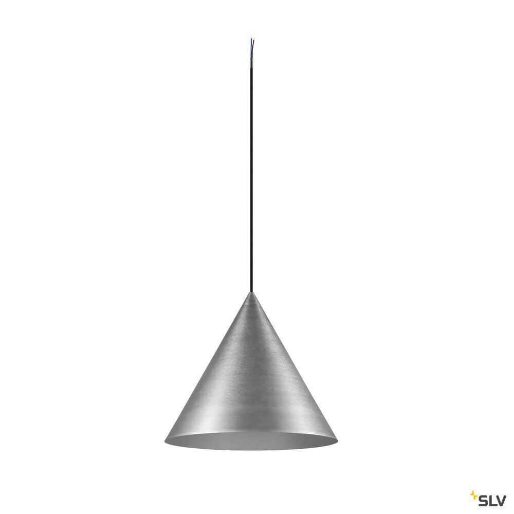 Vue de face de la suspension conique aluminium brossé sur fond blanc.