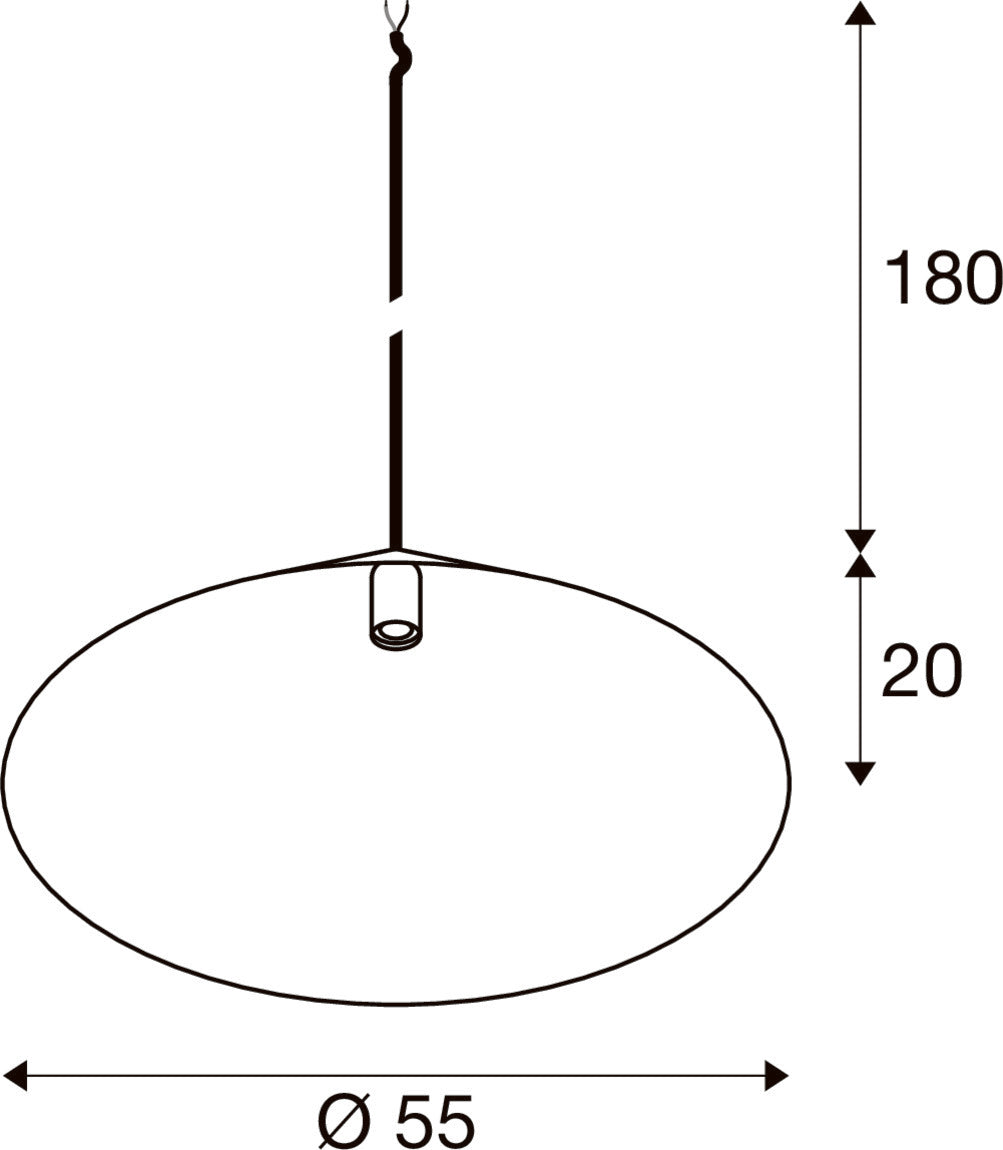 Schéma de dimensions avec diamètre 55 cm, hauteur 20 cm et câble 180 cm.