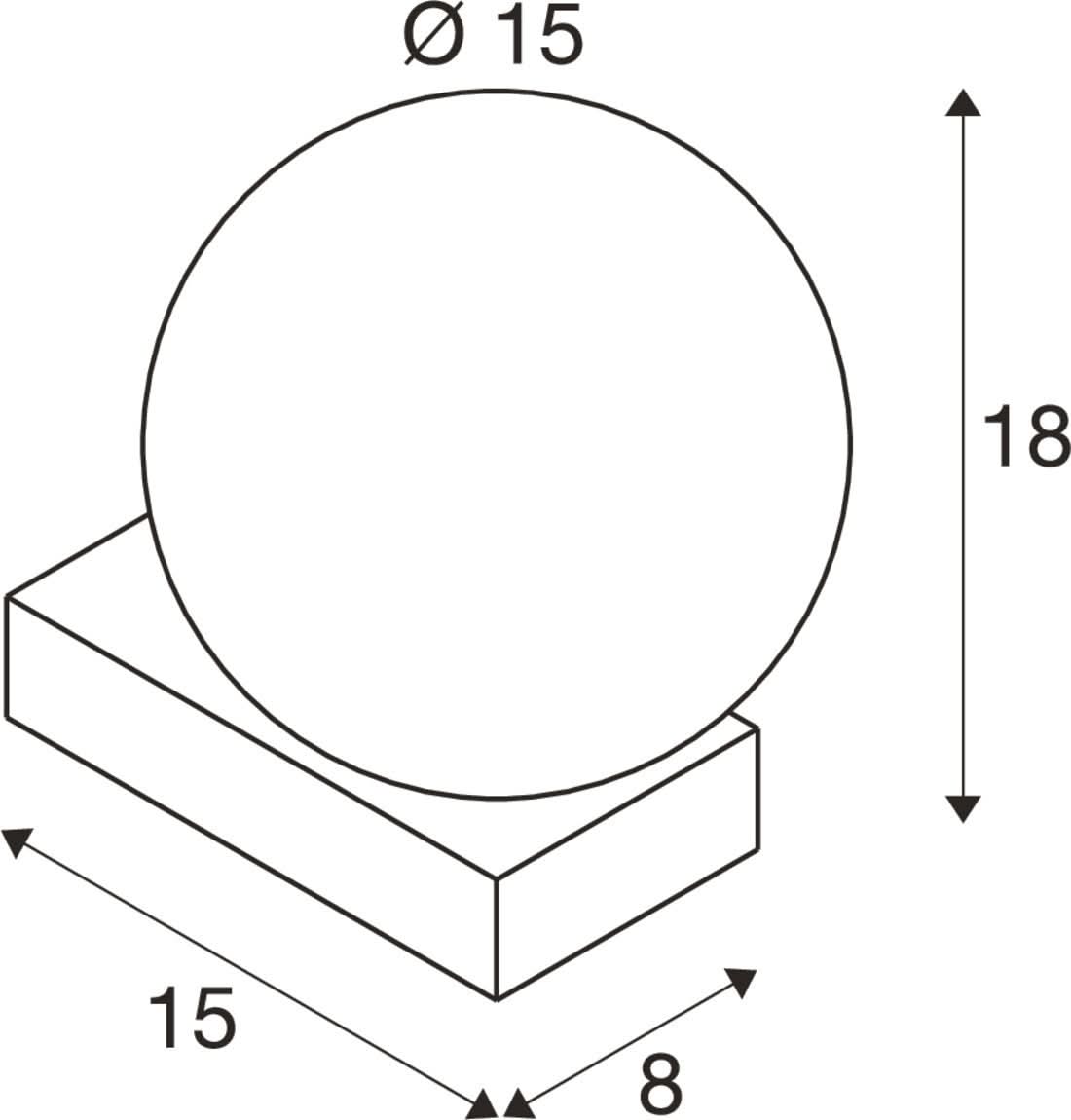 Schéma technique coté : globe Ø 15 cm, base 15 x 8 cm, hauteur 18 cm.