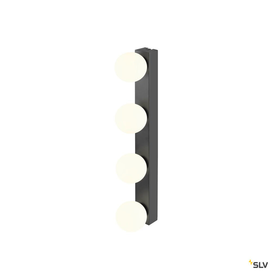 Profil de l'applique verticale noire, quatre sphères opalines dépassant du support.