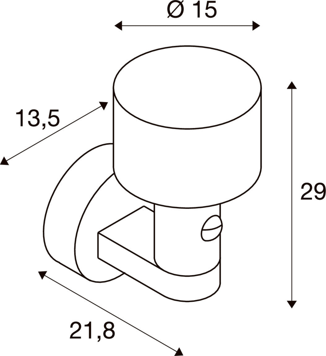 Schéma coté de l’applique : diamètre 15 cm, hauteur 29 cm et profondeur 21,8 cm.