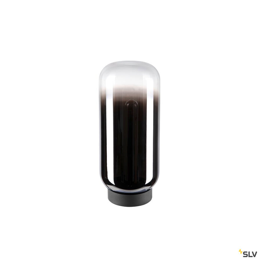 Lampe éteinte de face, abat-jour cylindrique dégradé fumé et base noire compacte.
