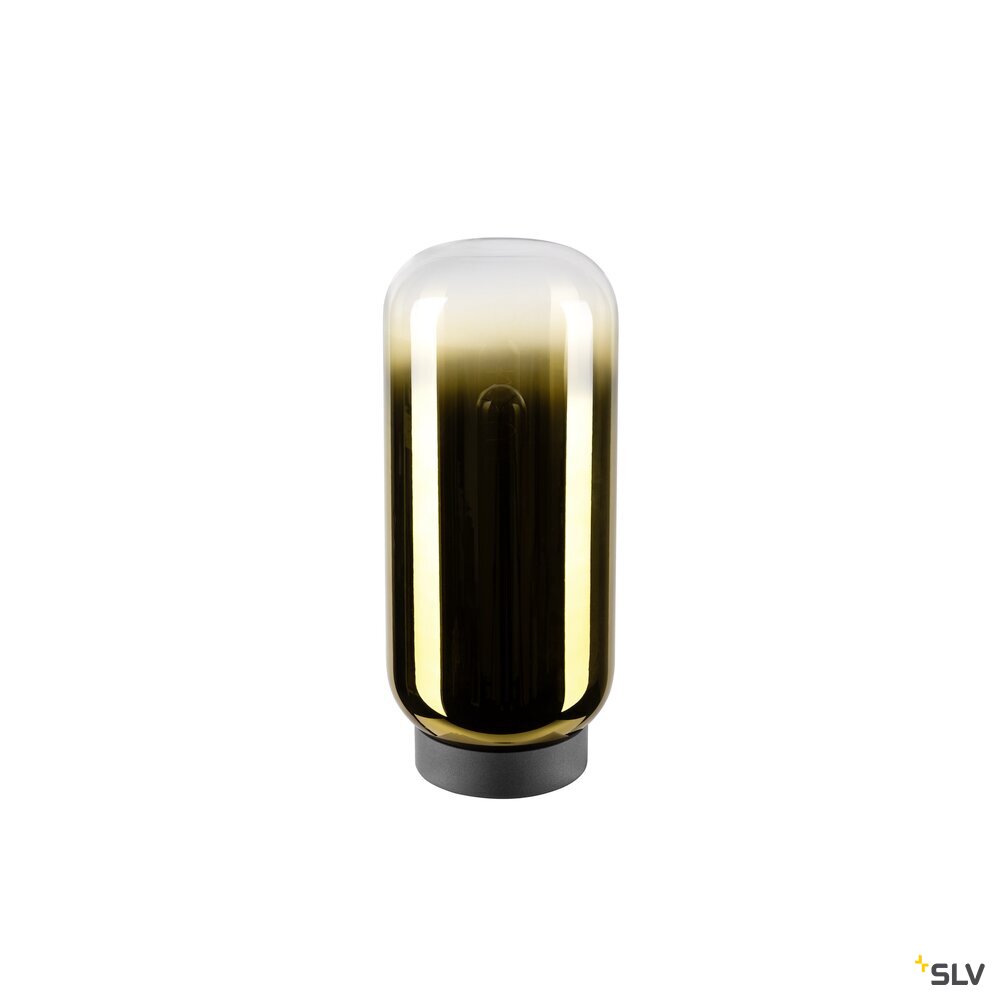 Abat-jour cylindrique en verre dégradé ambré, éteint, posé sur socle noir mat.