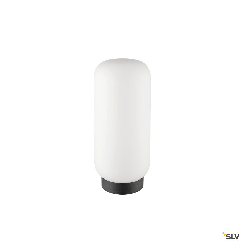 Vue produit de face, lampe blanche éteinte au pied noir, fond neutre.