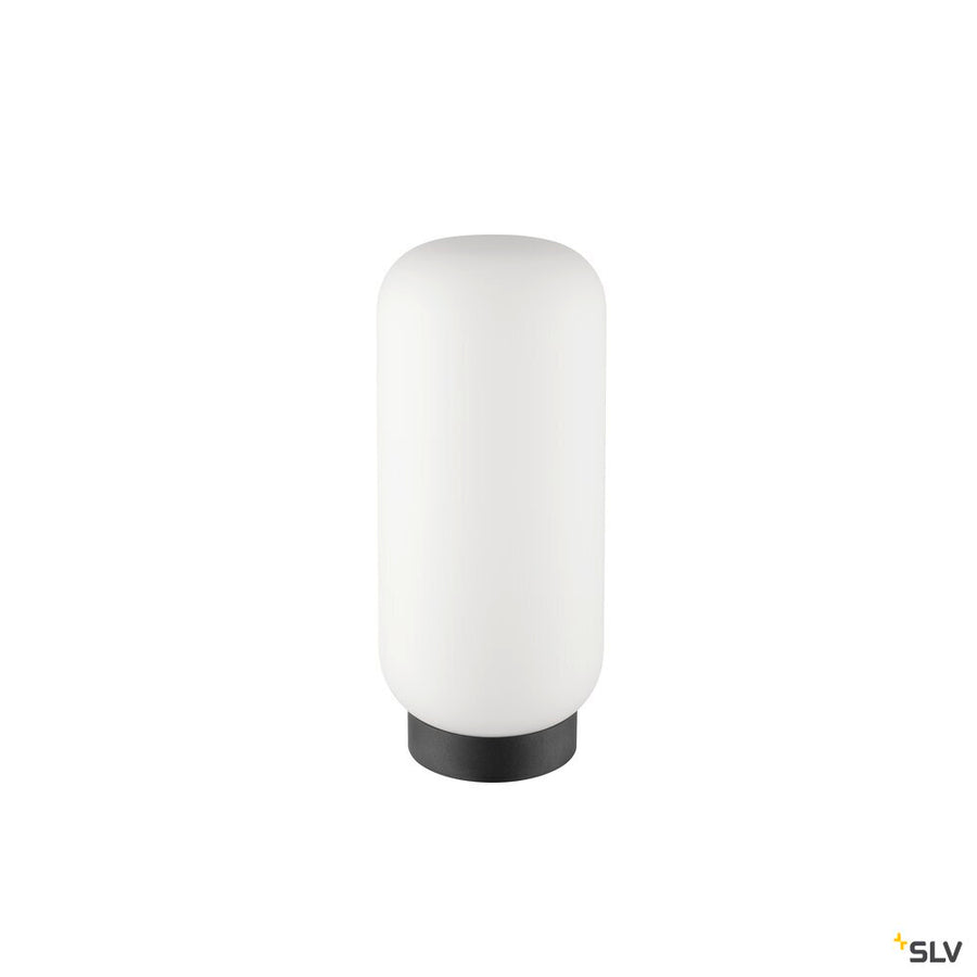Vue produit de face, lampe blanche éteinte au pied noir, fond neutre.