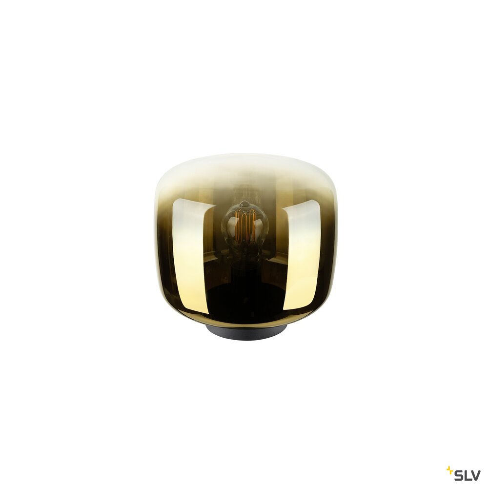 Vue de face du luminaire doré allumé, ampoule à filament centrée dans le verre.
