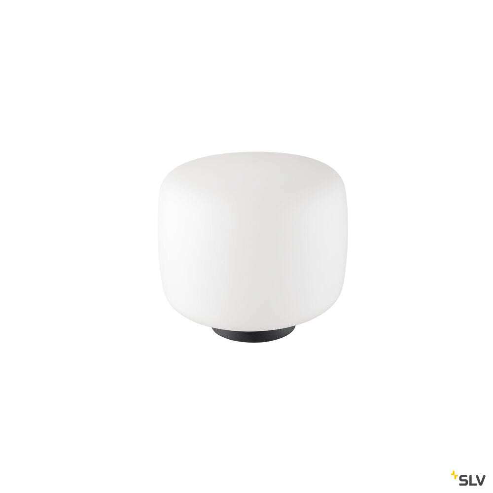 Lampe à poser blanche éteinte, vue de face montrant le diffuseur et sa base