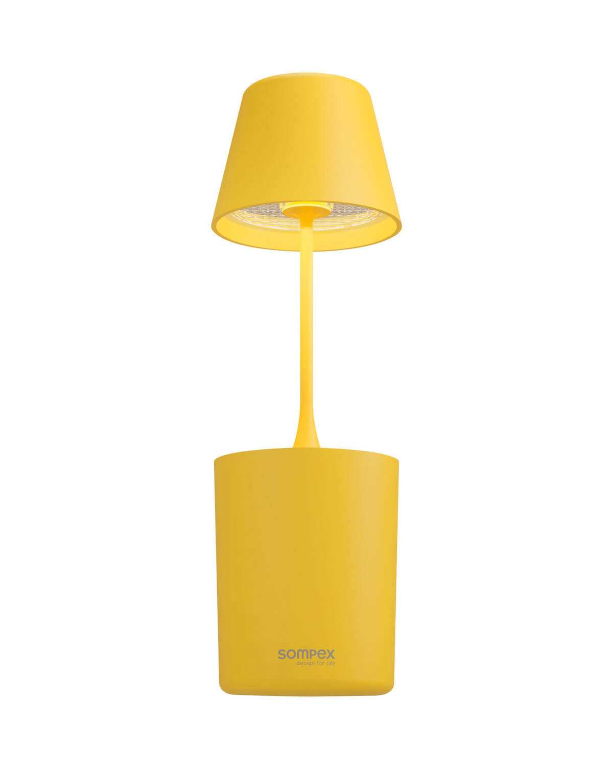 Vue en contre-plongée de l'abat-jour jaune, montrant la source lumineuse interne.