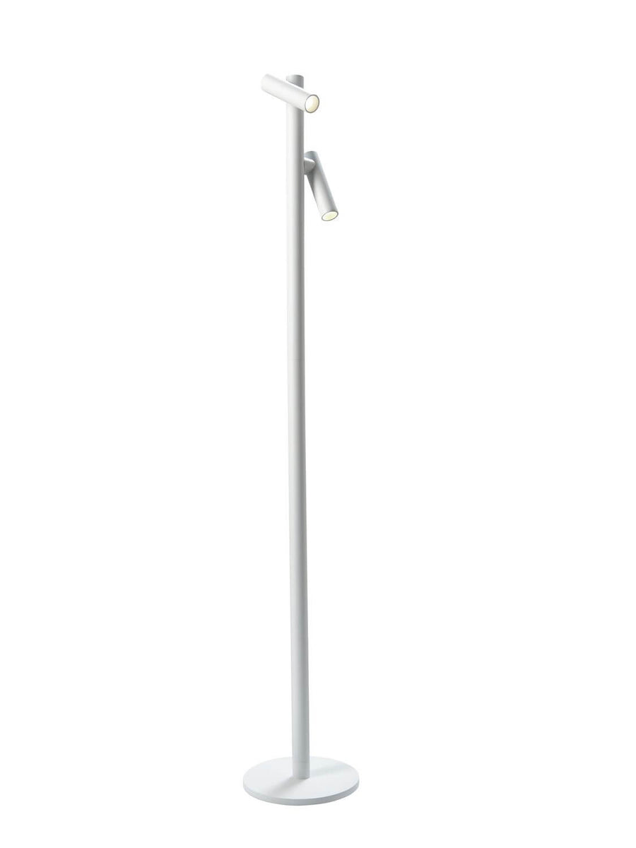 Lampe sur pied blanche vue de face, deux projecteurs cylindriques orientables sur tige verticale