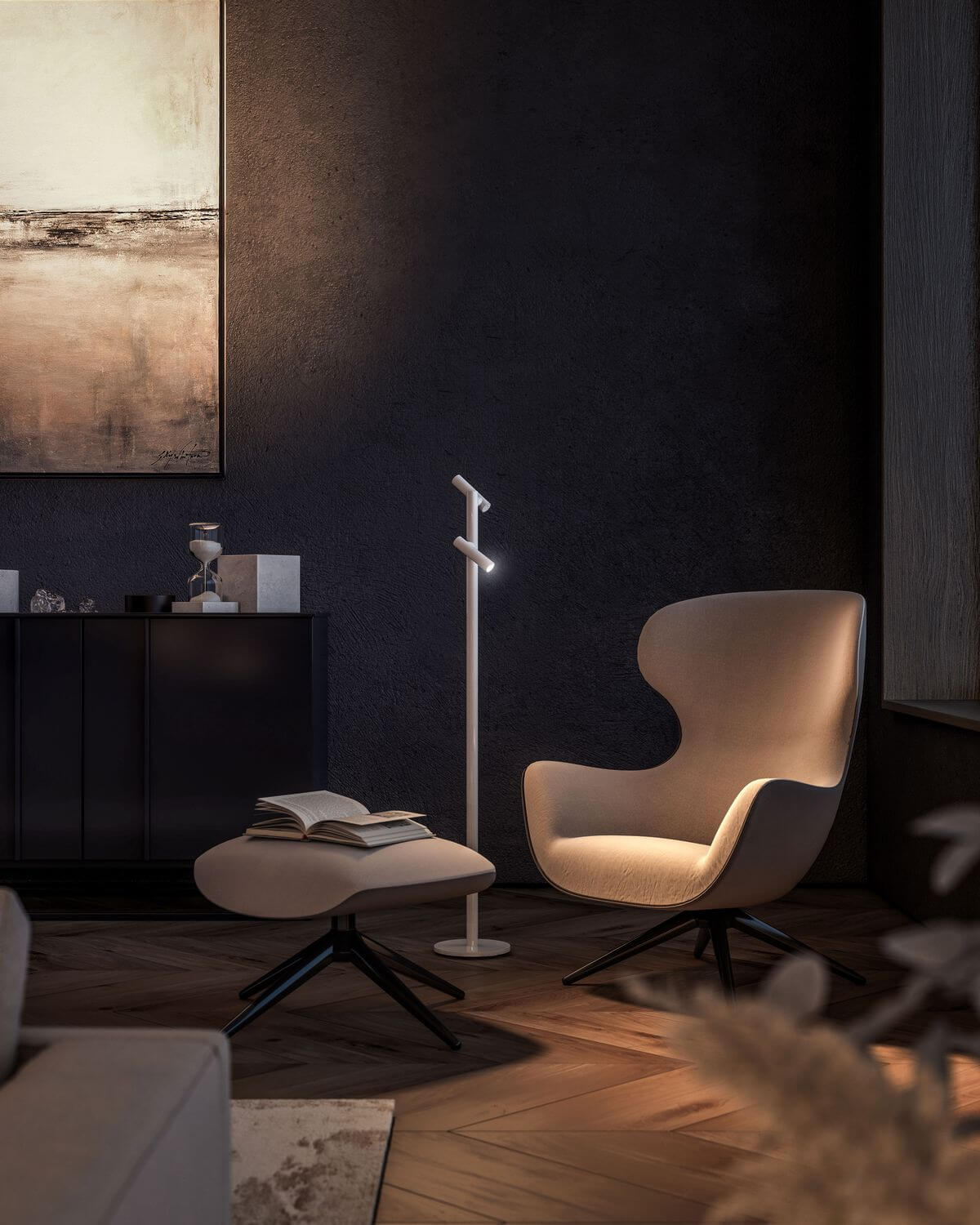 Mise en ambiance salon sombre, lampe blanche éclairant un fauteuil et une table basse