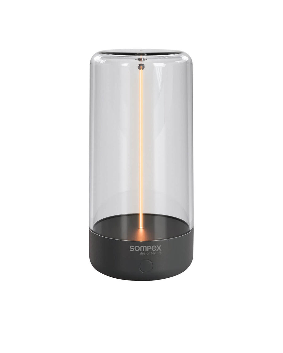 Lampe à poser de face, cylindre en verre transparent et base anthracite