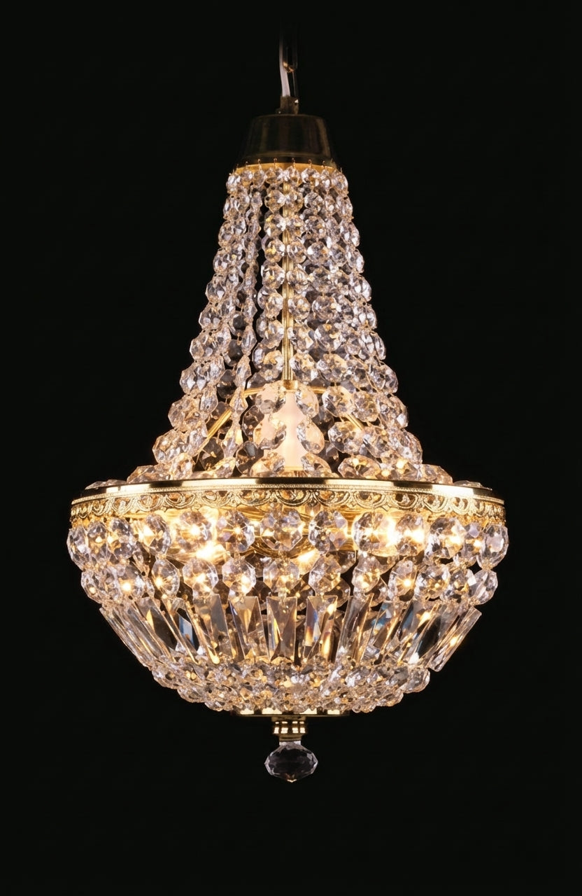 Luminaire allumé, les cristaux diffusent une lumière dorée chaude et dense