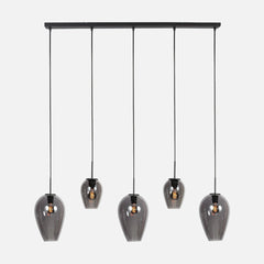 Längliche Hängeleuchte, Rauchglas schwarz, 5 Gläser an Stange Ø 15 cm | HaloSwap