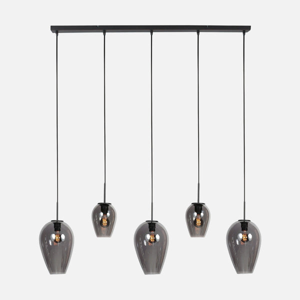 Längliche Hängeleuchte, Rauchglas schwarz, 5 Gläser an Stange Ø 15 cm | HaloSwap
