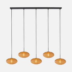 Hängeleuchte aus geripptem bernsteinfarbenem Glas, 5 Gläser auf 110 cm Stange | HaloSwap