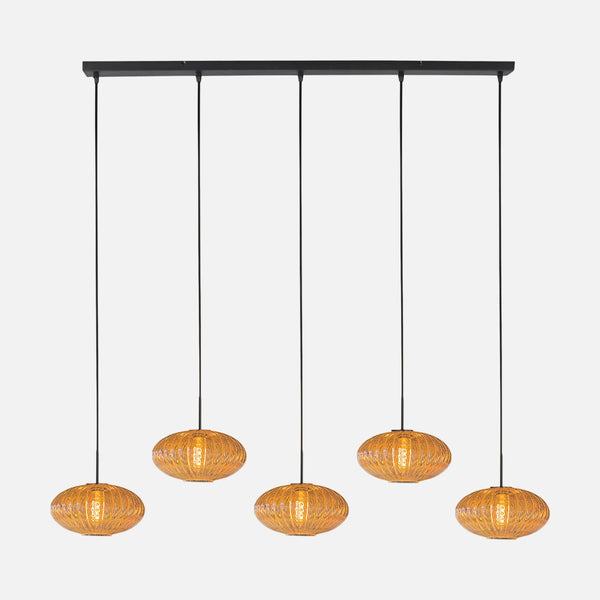 Hängeleuchte aus geripptem bernsteinfarbenem Glas, 5 Gläser auf 110 cm Stange | HaloSwap
