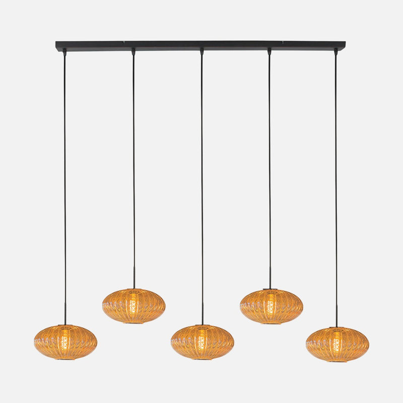 Hängeleuchte aus geripptem bernsteinfarbenem Glas, 5 Gläser auf 110 cm Stange | HaloSwap