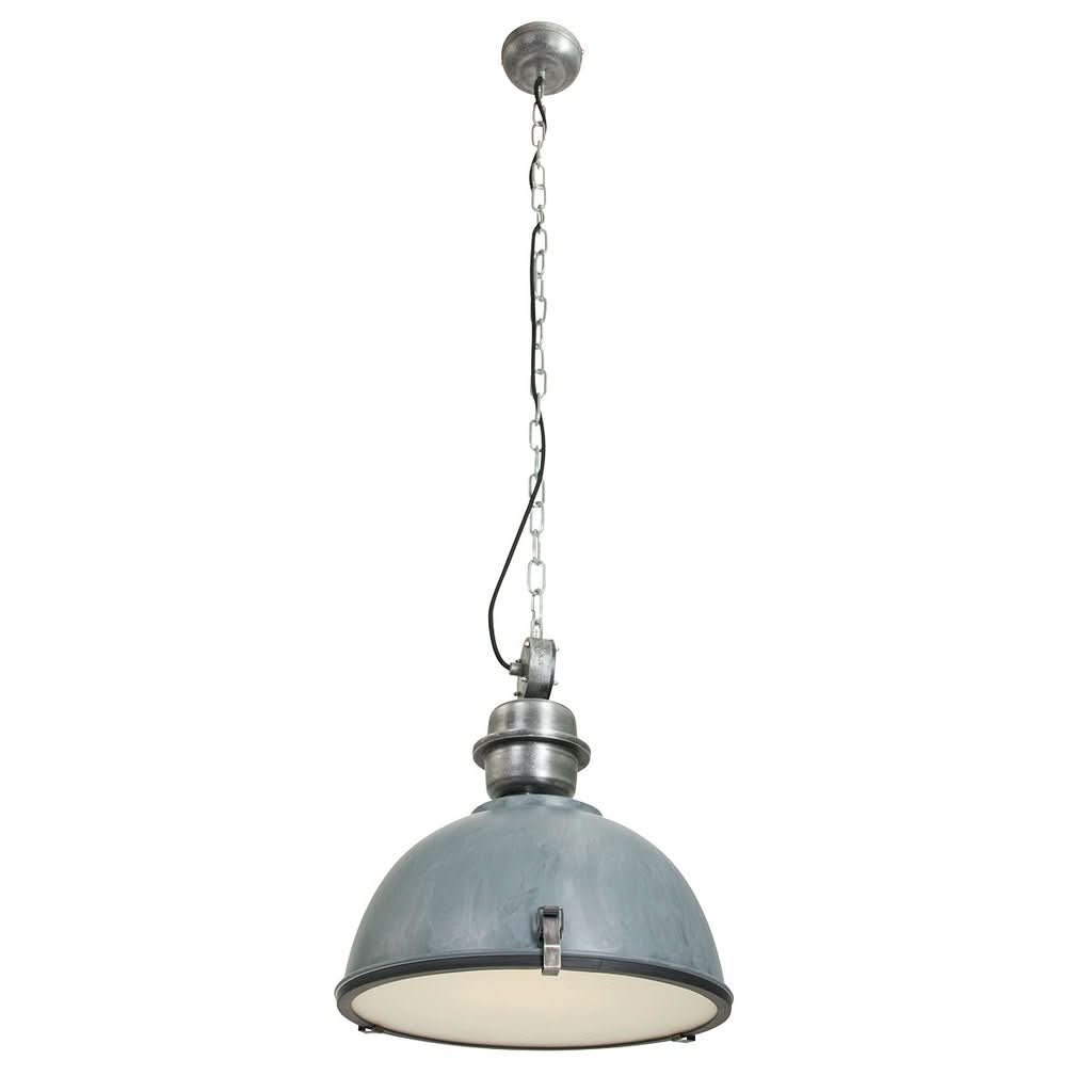 Suspension complète vue de face avec chaîne, câble noir et rosace de plafond.