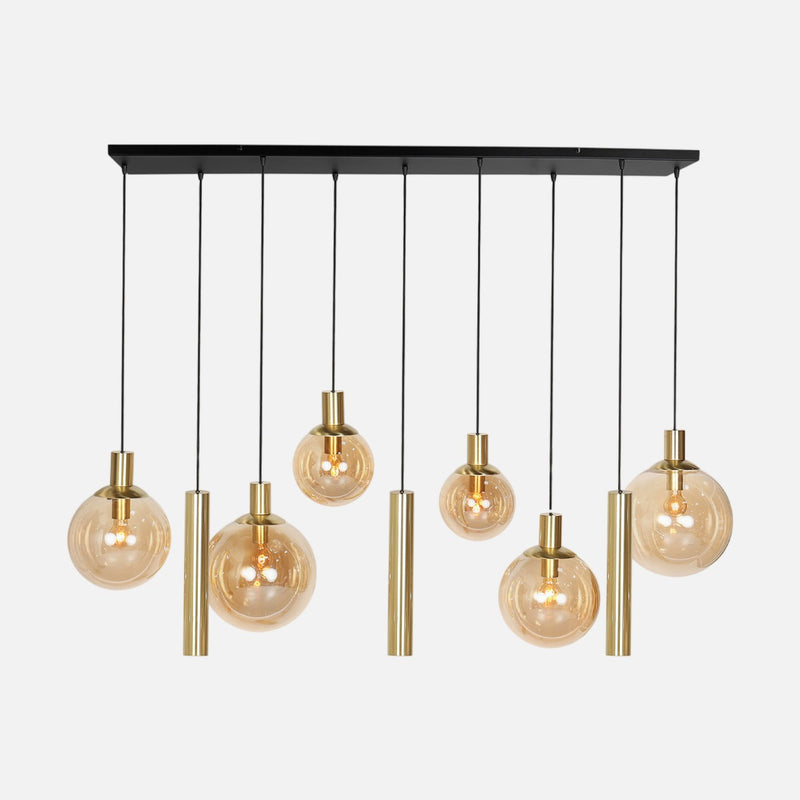 Suspension laiton et verre ambré, barre 9 lumières, salle à manger | Bollique