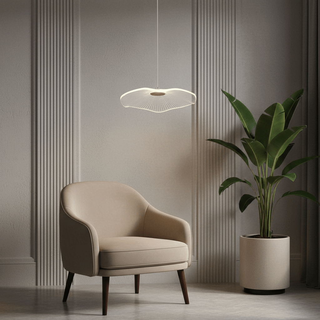 Mise en ambiance dans un coin salon, fauteuil beige et plante verte sous la suspension.