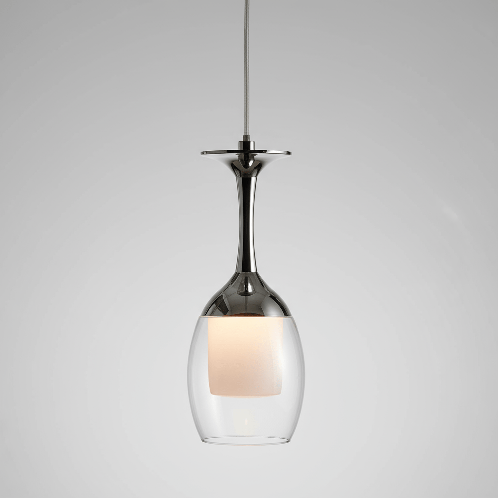 Suspension seule sur fond gris, verre transparent en forme de verre à vin inversé.