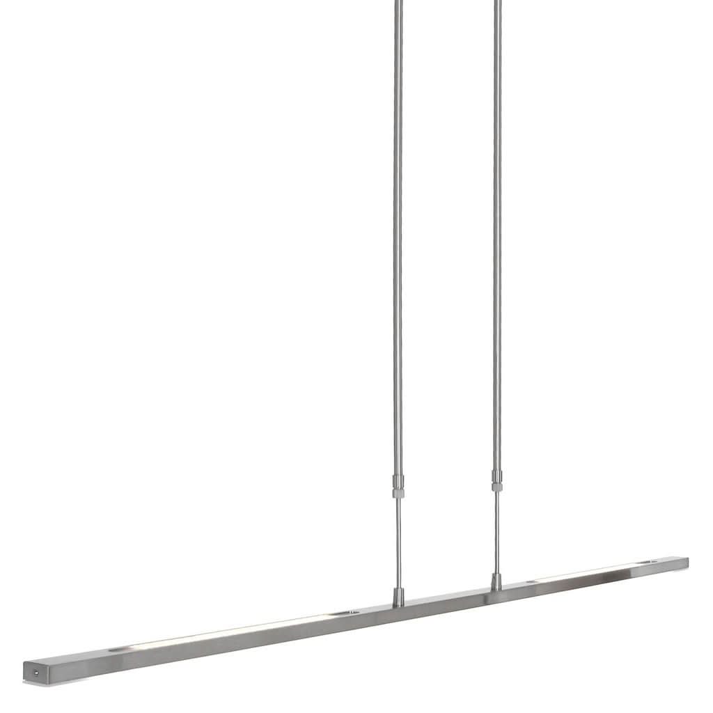 Vue du luminaire suspendu sur fond blanc, barre rectangulaire et deux tiges verticales.