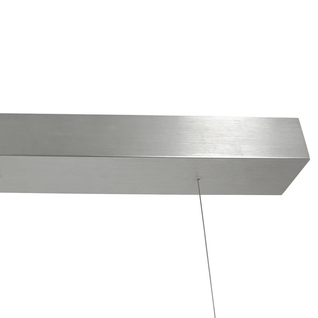 Détail de la base plafond en acier brossé et du câble de suspension.
