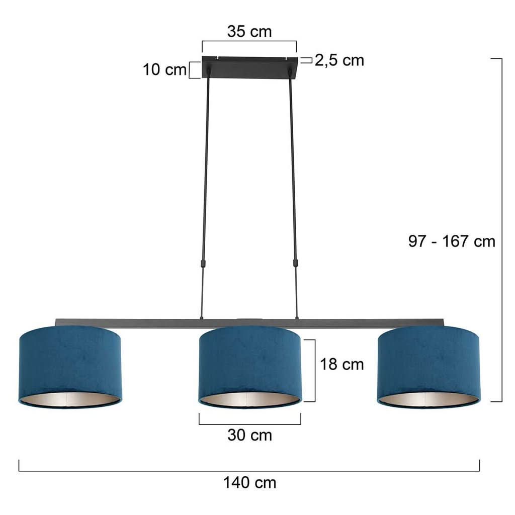 Schéma de dimensions du luminaire avec largeur totale et hauteur réglable.