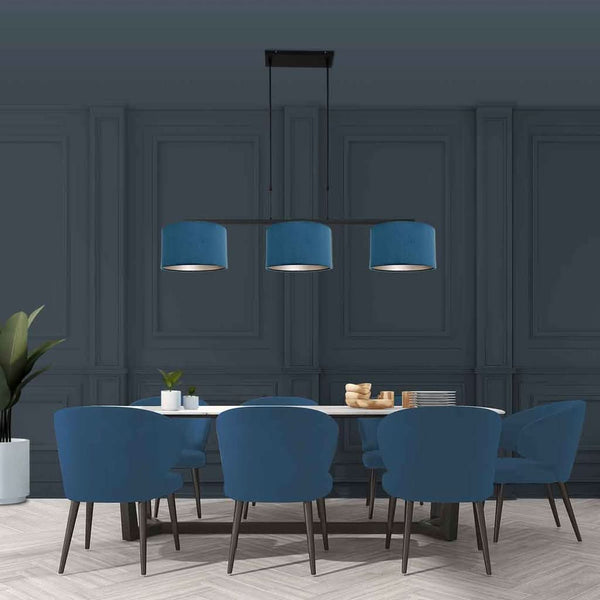 Suspension Noir 3 Lumières Velours Bleu | Taro