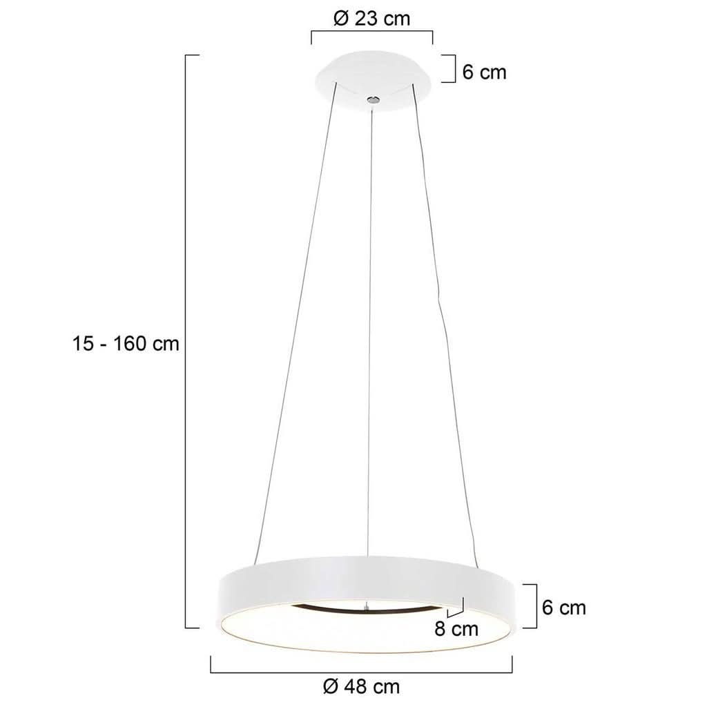 Schéma coté du luminaire indiquant diamètres de 48 et 23 cm et hauteurs réglables