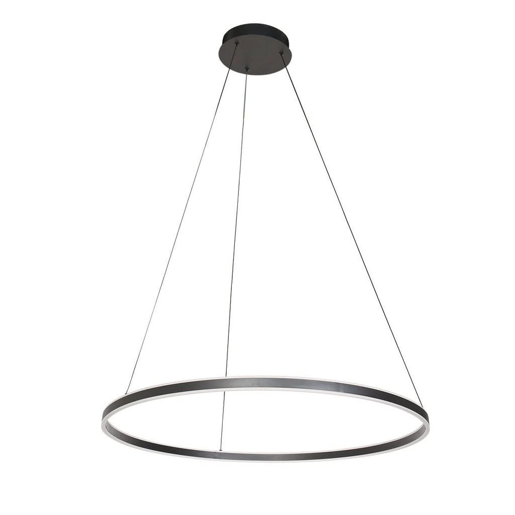Vue de face du luminaire suspendu avec rosace, câbles et anneau LED sur fond blanc.