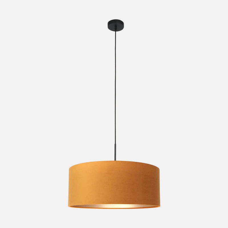 suspension velours doré, abat-jour tambour Ø 50 cm salle à manger | Ambeo