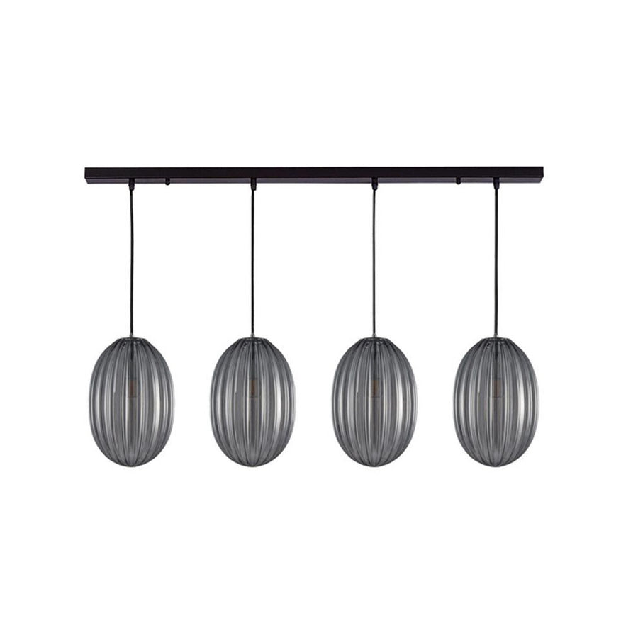 Suspension noire à quatre pendants en verre fumé ovale, vue de face sur fond blanc