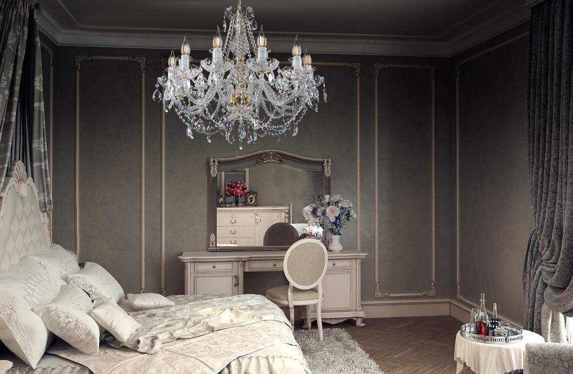 Mise en ambiance du lustre suspendu dans une chambre classique aux murs gris et boiseries