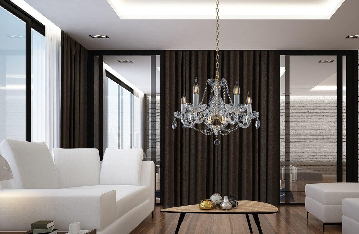 Mise en ambiance salon moderne, canapé blanc et lustre suspendu au plafond