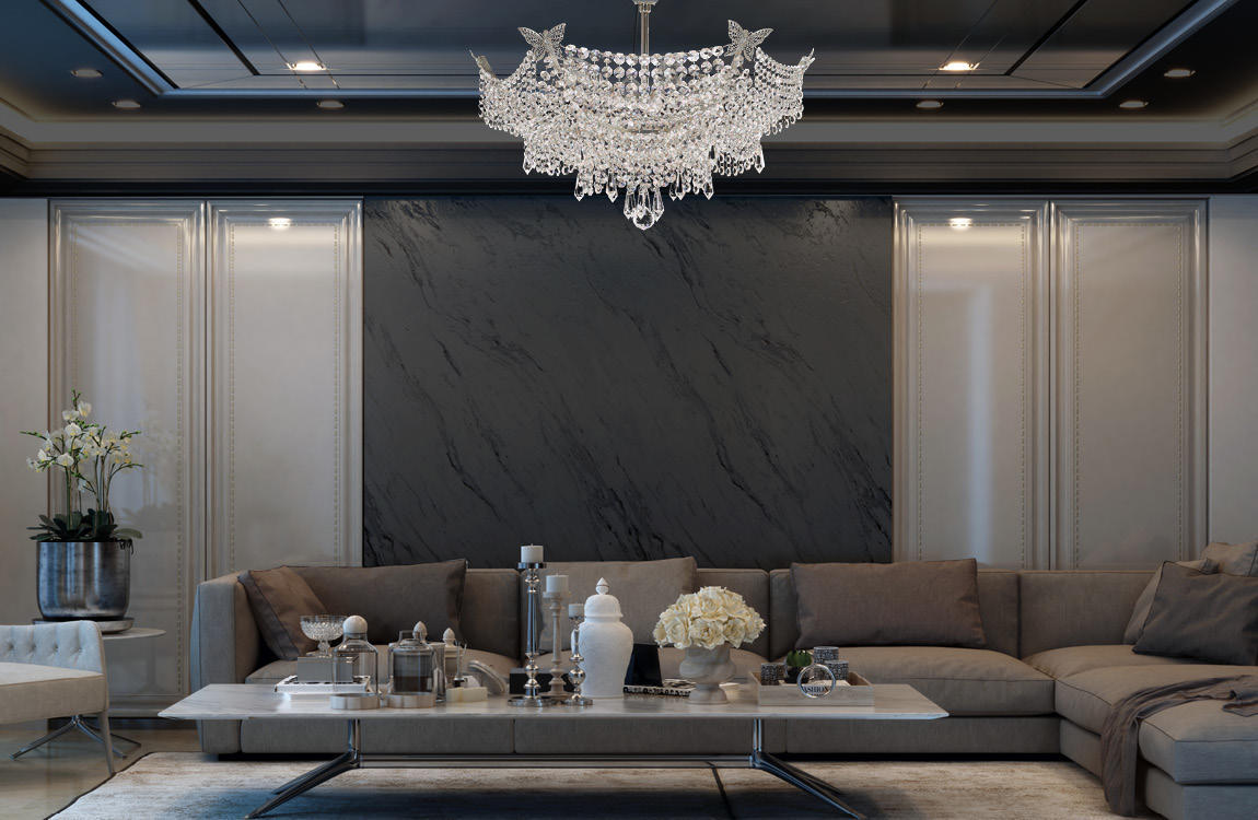 Mise en ambiance du lustre allumé dans un salon contemporain aux tons gris