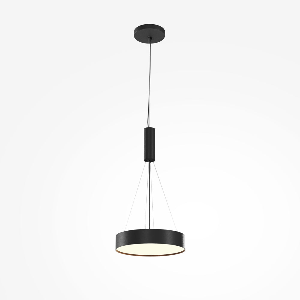 Version suspension noire : câble, rosace et disque lumineux suspendu.